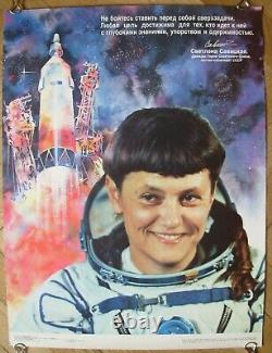 ORIGINAL SOVIET Russian POSTER cosmonaut woman Savitskaya super tasks USSR Space