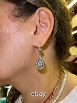 Old Original Soviet Russian 14k Gold Natural Diamond Decorated Drop Earring