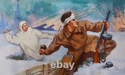Original Russian Soviet Ukrainian Oil Painting Ww2 Battle Propaganda Art Wwii