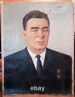 Original Soviet Russian Oil painting Realism Portrait of Leonid Brezhnev 1970s