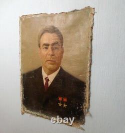 Original Soviet Russian Oil painting Realism Portrait of Leonid Brezhnev 1970s