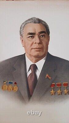 Original Soviet Russian painting Realism Portrait of Leonid Brezhnev 1970s