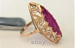 Original Vintage Russian Soviet Rose Gold 583 14K Marquise Ring Ruby Size 8 USSR
