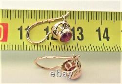 Original Vintage USSR Soviet Russian Rose Gold 583 14K Earrings Ruby Stone Rare