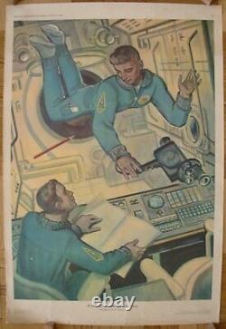 Soviet Russian Original POSTER In the spaceship cabin USSR space cosmonaut print